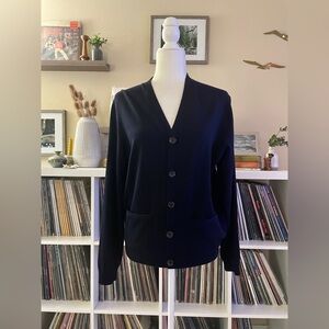 Men’s Size Small Polo Ralph Lauren 100% Merino Wool and Leather Navy Cardigan